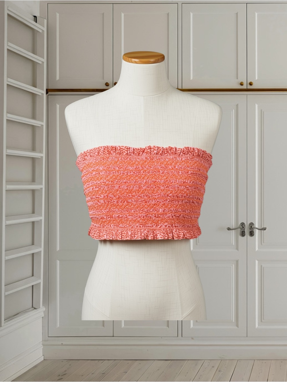 Tory Burch Costa Smocked Bandeau Top- Pink Ditsy Floral Sz Large